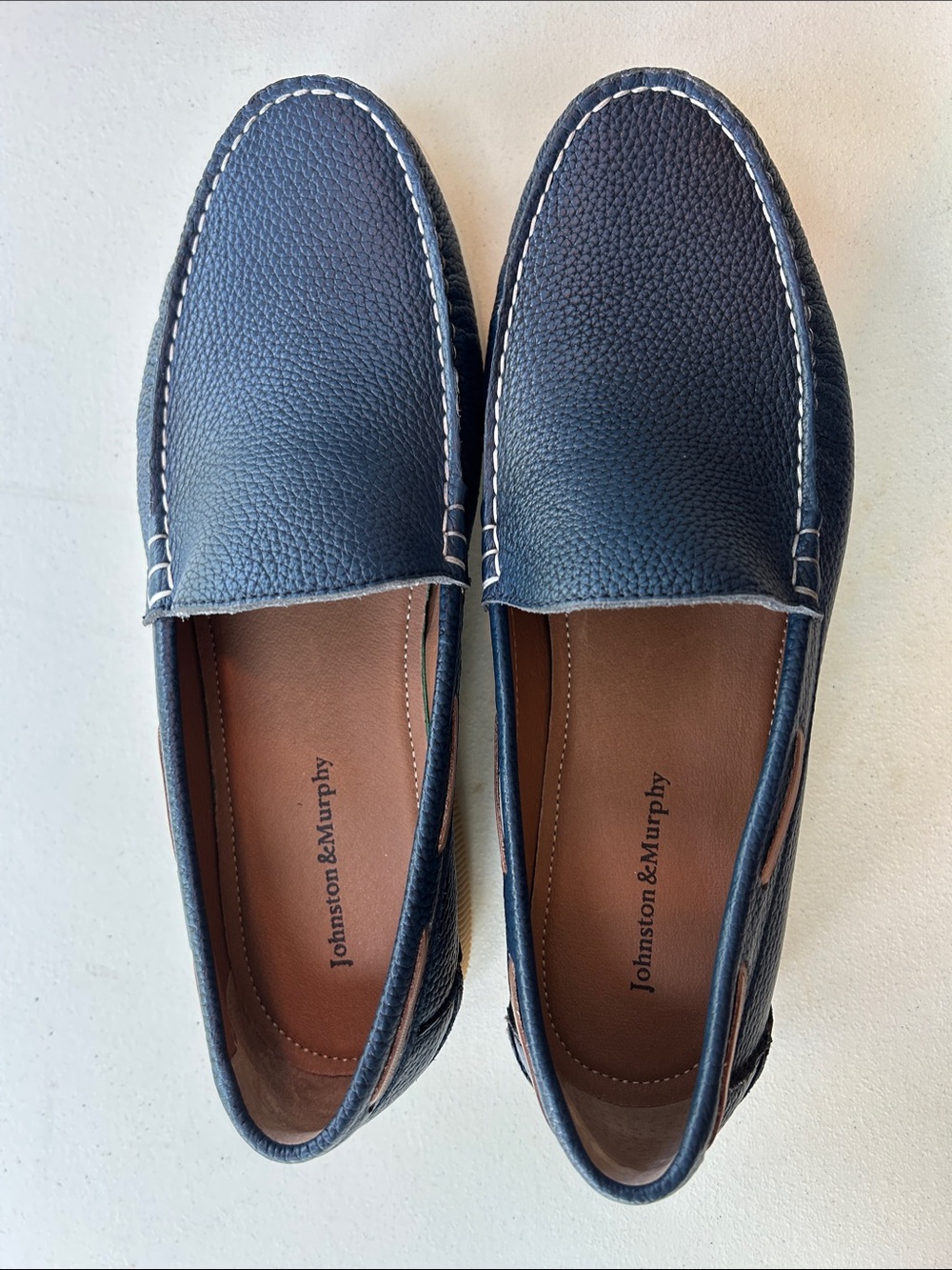 Johnston & Murphy Navy Leather Slip-On Moccasins with Tan Accents - Picture 4 of 9